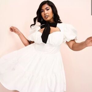 ASOS LUXE Curve corseted cotton poplin mini dress and puff sleeve in white